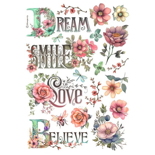 Stamperia - A4 Rice Paper - Dream, Smile, Love, Believe