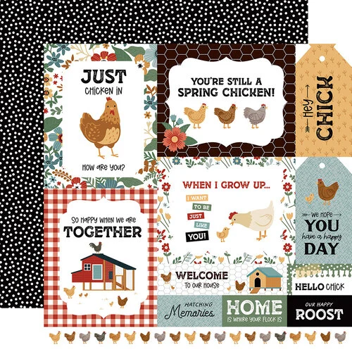 Echo Park - Chickens Collection - 12 x 12 Double Sided Paper - Multi Journaling Cards