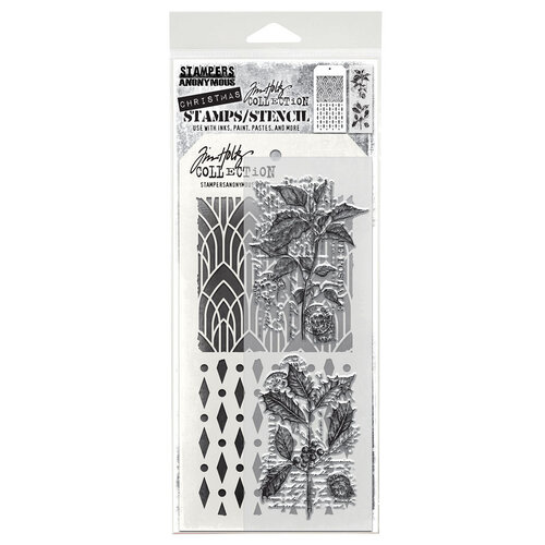 Stampers Anonymous - Tim Holtz - Clear Stamps and Stencil Set - Festive Collage 1 Stampers Anonymous - Tim Holtz - Clear Stamps and Stencil Set - Festive Collage