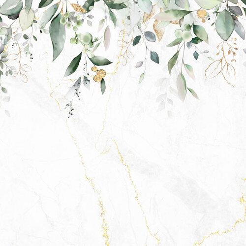Scrapbook Customs - 12 x 12 Double Sided Paper - Gold Marble and Eucalyptus Borders