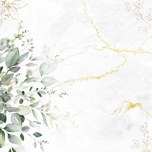 Scrapbook Customs - 12 x 12 Double Sided Paper - Just Married - Eucalyptus and Gold