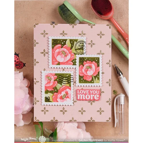 Waffle Flower Crafts - Postage Collage Collection - Stencils - Peony 8 Waffle Flower Crafts - Postage Collage Collection - Stencils - Peony