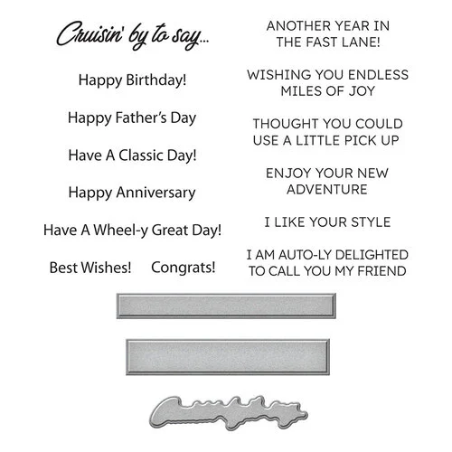 Spellbinders - Classic Road Legends Collection Collection - Clear Stamp and Die Set - Cruisin' By Sentiments 2 Spellbinders - Classic Road Legends Collection Collection - Clear Stamp and Die Set - Cruisin' By Sentiments