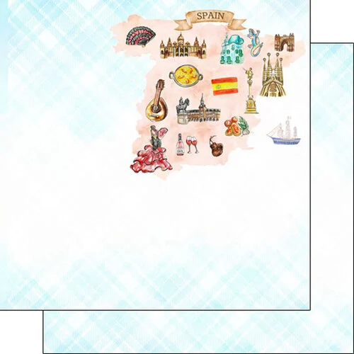 Scrapbook Customs - 12 x 12 Double Sided Paper - Spain Map Icons