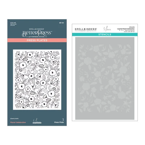 Spellbinders - BetterPress Collection - Press Plate and Stencils Bundle - Let's Celebrate - Floral Celebration