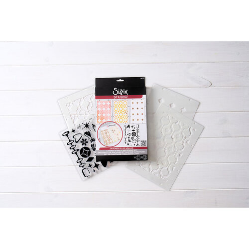 Sizzix - Studio - Stencils and Clear Stamps Set - Retro 4 Sizzix - Studio - Stencils and Clear Stamps Set - Retro